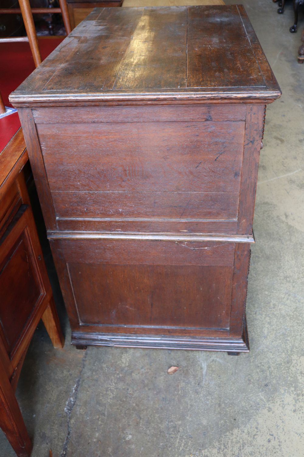 An 18th century oak geometric moulded two part chest of drawers, width 101cm depth 60cm height 91cm